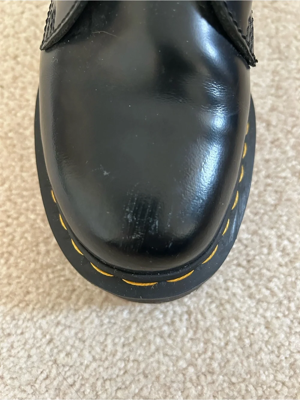 Dr. Martens Black Smooth Leather Platform Lace-Up Boots with Yellow Stitching